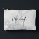 Modern Personalised Bridesmaid Monogram Name Accessory Pouch<br><div class="desc">Add a personal touch to your wedding with personalised bridesmaid gift. This design features personalised bridesmaid's name in grey modern script font style and monogram in light grey modern script font style as background with title in grey modern sans serif font style on white marble background. Also perfect for maid...</div>
