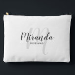 Modern Personalised Bridesmaid Monogram Name Accessory Pouch<br><div class="desc">Add a personal touch to your wedding with personalised bridesmaid gift. This design features personalised bridesmaid's name in grey modern script font style and monogram in light grey modern script font style as background with title in grey modern sans serif font style on white background. Also perfect for maid of...</div>