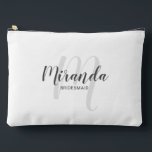 Modern Personalised Bridesmaid Monogram Name Accessory Pouch<br><div class="desc">Add a personal touch to your wedding with personalised bridesmaid gift. This design features personalised bridesmaid's name in grey modern script font style and monogram in light grey modern script font style as background with title in grey modern sans serif font style on white background. Also perfect for maid of...</div>