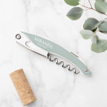 Modern Personalised Bridesmaid Name Corkscrew<br><div class="desc">Modern Personalised Bridesmaid Corkscrew.
This design features personalised bridesmaid's name and title in white classic serif font style on sage green background.

Also perfect for Maid of Honour and more.</div>