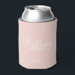 Modern Personalised Bridesmaids Can Cooler<br><div class="desc">Modern Personalised Bridesmaids Gifts
featuring personalised bridesmaid's name in white modern script font style with title and wedding date in modern sans serif font style on blush pink background.

Also perfect for Maid of Honour,  Flower Girl,  Mother of the Bride and more.</div>