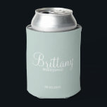 Modern Personalised Bridesmaids Can Cooler<br><div class="desc">Modern Personalised Bridesmaids Gifts
featuring personalised bridesmaid's name in white modern script font style with title and wedding date in modern sans serif font style on sage green background.

Also perfect for Maid of Honour,  Flower Girl,  Mother of the Bride and more.</div>