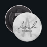 Modern Personalised Bridesmaid's Monogram and Name Bottle Opener<br><div class="desc">Modern Personalised Bridesmaid's Monogram and Name Gifts This design features personalised bridesmaid's name in grey modern handwriting script font style and monogram in light grey modern sans serif font style as background, with wedding details in grey modern sans serif font style, on white marble background. Also perfect for maid of...</div>