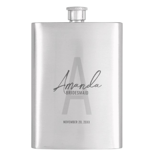 Modern Personalised Bridesmaid's Monogram and Name Hip Flask (Front)