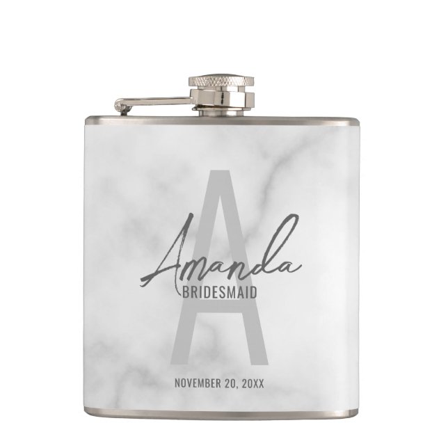 Modern Personalised Bridesmaid's Monogram and Name Hip Flask (Front)