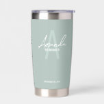 Modern Personalised Bridesmaid's Monogram and Name Insulated Tumbler<br><div class="desc">Modern Personalised Bridesmaid's Monogram and Name Gifts This design features personalised bridesmaid's name in white modern handwriting script font style and monogram in sage green modern sans serif font style as background, with wedding details in white modern sans serif font style on sage green background. Also perfect for maid of...</div>