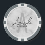 Modern Personalised Bridesmaid's Monogram and Name Poker Chips<br><div class="desc">Modern Personalised Bridesmaid's Monogram and Name Gifts This design features personalised bridesmaid's name in grey modern handwriting script font style and monogram in light grey modern sans serif font style as background, with wedding details in grey modern sans serif font style, on white marble background. Also perfect for maid of...</div>