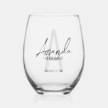 Modern Personalised Bridesmaid's Monogram and Name Stemless Wine Glass<br><div class="desc">Modern Personalised Bridesmaid's Monogram and Name Gifts This design features personalised bridesmaid's name in grey modern handwriting script font style and monogram in light grey modern sans serif font style as background, with wedding details in grey modern sans serif font style. Also perfect for maid of honour, mother of the...</div>