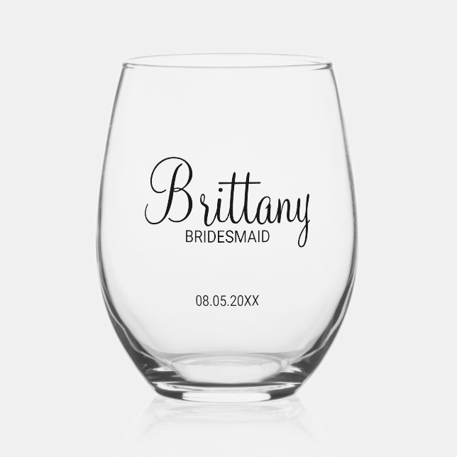 Modern Personalised Bridesmaids Name Stemless Wine Glass (Front)
