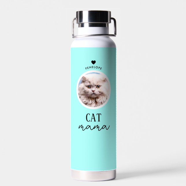 Modern Personalised Cat Mama Custom Name Photo Water Bottle (Back)