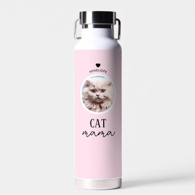Modern Personalised Cat Mama Custom Photo Name Water Bottle (Front)