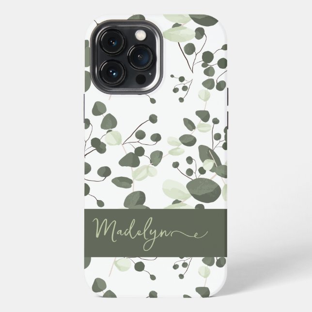 Modern Personalised Chic green Eucalyptus pattern iPhone Case (Back)