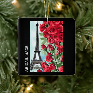 Modern Personalised Eiffel Tower Red Roses Ceramic Ornament
