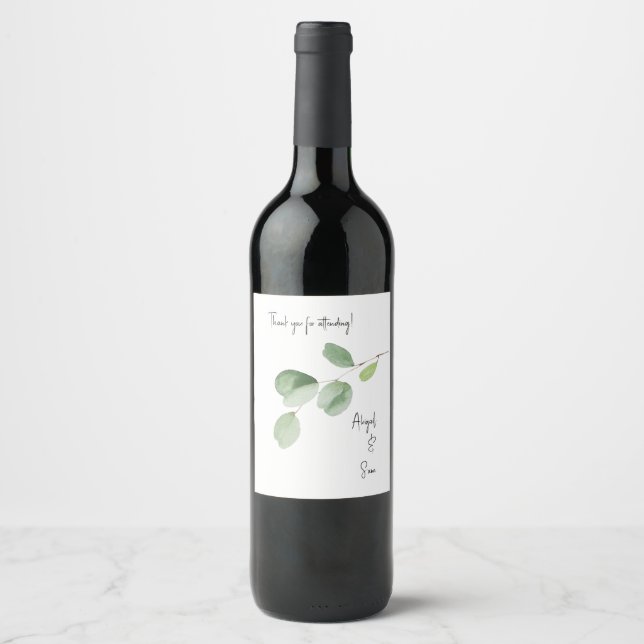 Modern Personalised Eucalyptus Wedding Wine Label (Front)
