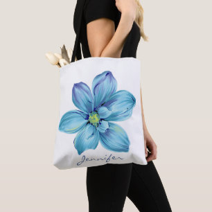 Modern Personalised Floral Blue Watercolor Tote Bag