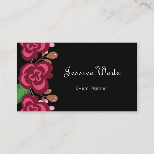 Modern Personalised Floral Red Roses Black Business Card (Front)