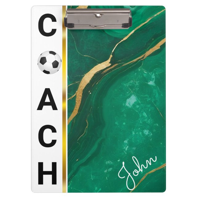 Modern Personalised Football Coach White Marble Clipboard (Front)