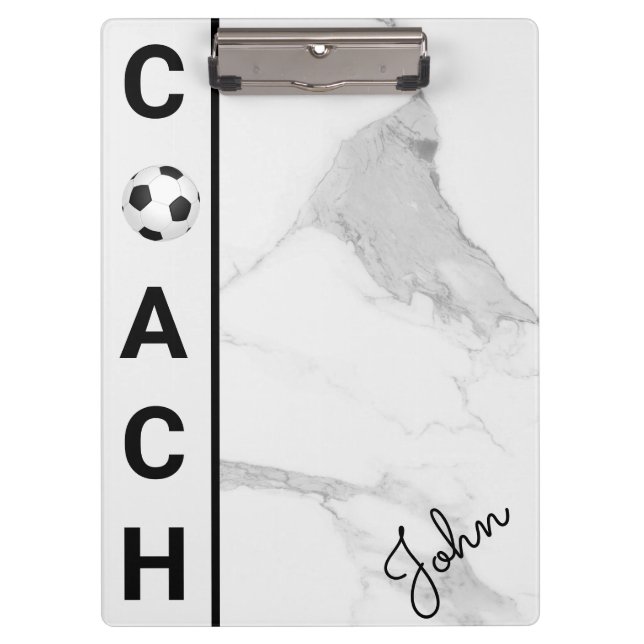 Modern Personalised Football Coach White Marble Clipboard (Front)