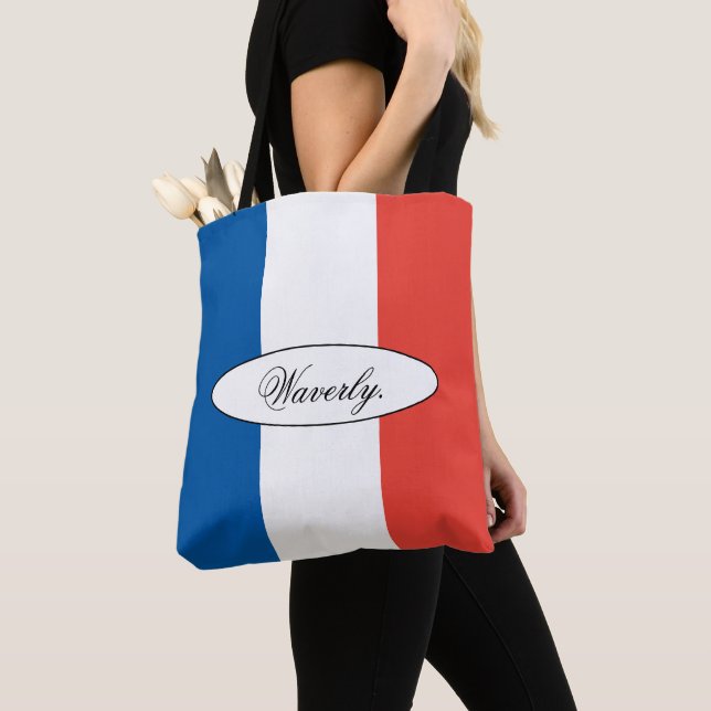 Modern Personalised French Flag Name Shoulder Tote Bag (Close Up)