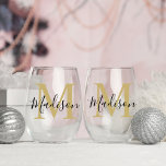 Modern Personalised Gold Black Monogram Stemless Wine Glass<br><div class="desc">Elevate any celebration with our Modern Personalised Gold Black Monogram Stemless Wine Glass. This chic and versatile glass is adorned with a sleek gold and black monogram, making it the perfect gift for wedding parties, bridesmaids, and birthdays . Customise with a name for an extra touch of sophistication. Durable and...</div>