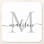 Modern Personalised Grey Monogram Script Name Square Paper Coaster<br><div class="desc">Elegant Modern Personalised Silver Grey Black Monogram Script Name Initial Paper Coaster</div>
