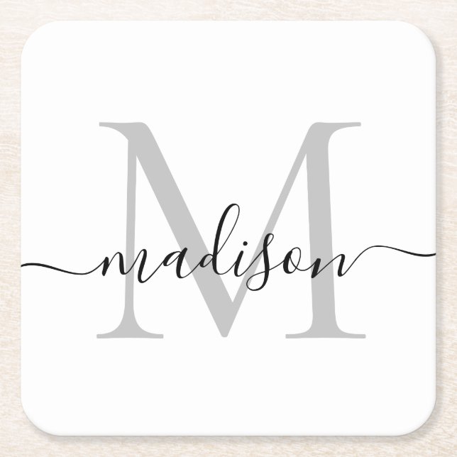 Modern Personalised Grey Monogram Script Name Square Paper Coaster (Front)