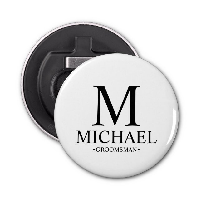 Modern Personalised Groomsman Name and Monogram Bottle Opener (Front)