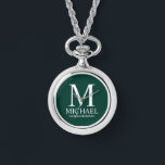 Modern Personalised Groomsman Name and Monogram Watch<br><div class="desc">Modern Personalised Groomsman Gifts
featuring personalised monogram,  groomsman's name and title in white classic serif font style on emerald green background.

Also perfect for Best Man,  Father of the Bride and more.</div>