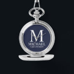 Modern Personalised Groomsman Name and Monogram Watch<br><div class="desc">Modern Personalised Groomsman Gifts
featuring personalised monogram,  groomsman's name and title in white classic serif font style on navy blue background.

Also perfect for Best Man,  Father of the Bride and more.</div>
