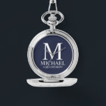 Modern Personalised Groomsman Name and Monogram Watch<br><div class="desc">Modern Personalised Groomsman Gifts
featuring personalised monogram,  groomsman's name and title in white classic serif font style on navy blue background.

Also perfect for Best Man,  Father of the Bride and more.</div>