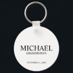 Modern Personalised Groomsman's Name and Monogram Key Ring<br><div class="desc">Modern Personalised Groomsman Gifts
featuring personalised groomsman's name,  title and wedding date in black classic serif font style on white background.

Also perfect for Best Man,  Father of the Bride and more.</div>