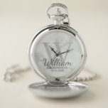 Modern Personalised Groomsman's Name and Monogram Pocket Watch<br><div class="desc">Modern Personalised Groomsman Gifts This design features personalised groomsman's name in grey classic script font style with wedding details in grey classic serif font style and monogram in light grey classic serif font style as background, on white marble background. Also perfect for Best Man, Father of the Bride and more....</div>