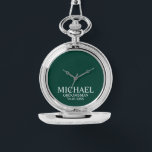 Modern Personalised Groomsman's Name and Monogram Watch<br><div class="desc">Modern Personalised Groomsman Gifts
featuring personalised groomsman's name,  title and wedding date in white classic serif font style on emerald green background.

Also perfect for Best Man,  Father of the Bride and more.</div>