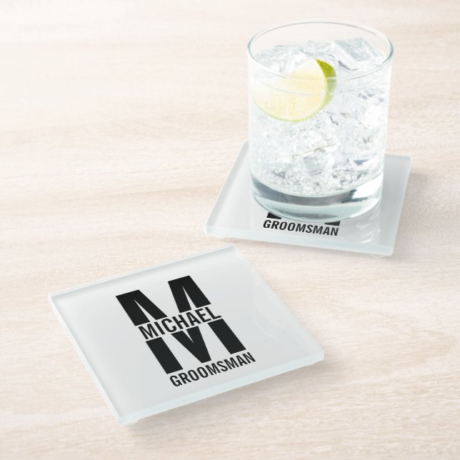 Modern Personalised Groomsmen Monogram and Name Glass Coaster (Angled)
