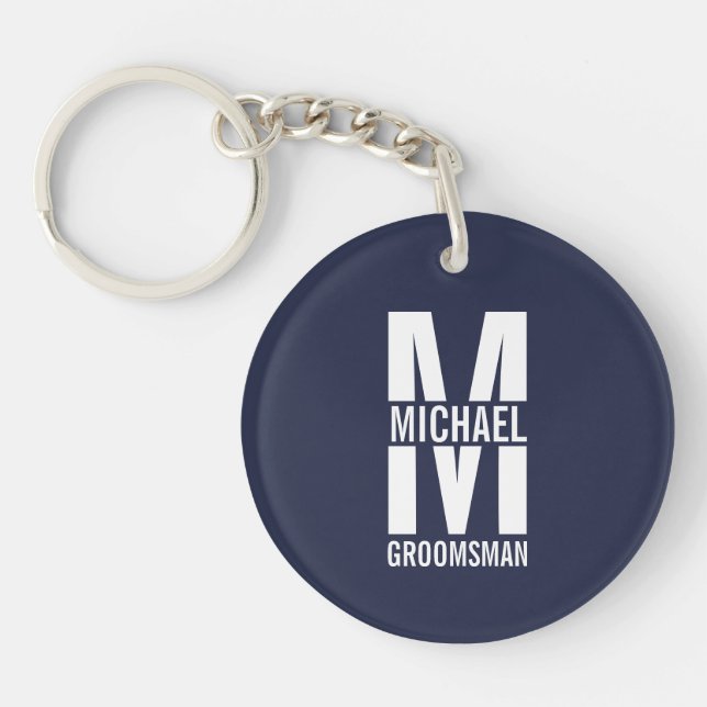 Modern Personalised Groomsmen Monogram and Name Key Ring (Front)