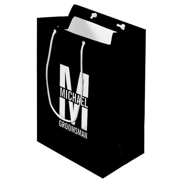 Modern Personalised Groomsmen Monogram and Name Medium Gift Bag (Front Angled)