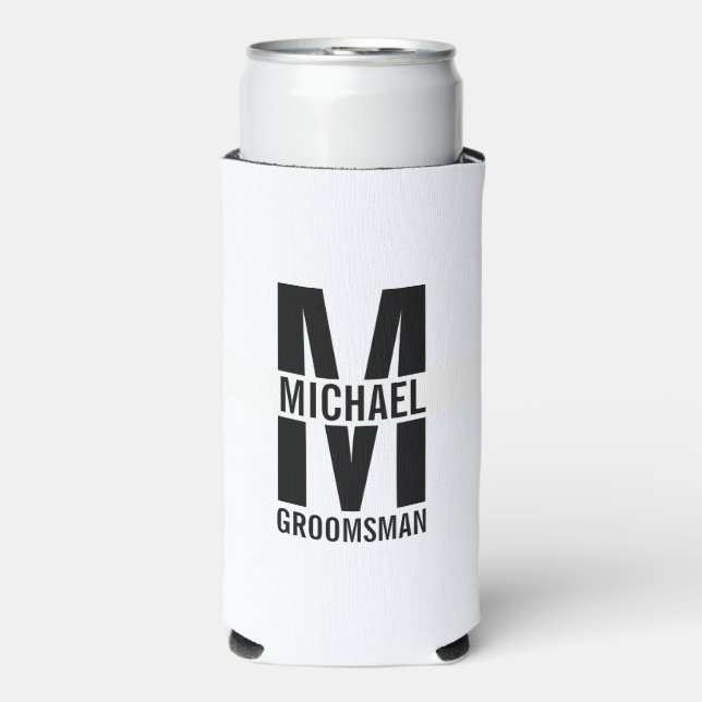 Modern Personalised Groomsmen Monogram and Name Seltzer Can Cooler (Seltzer Front)