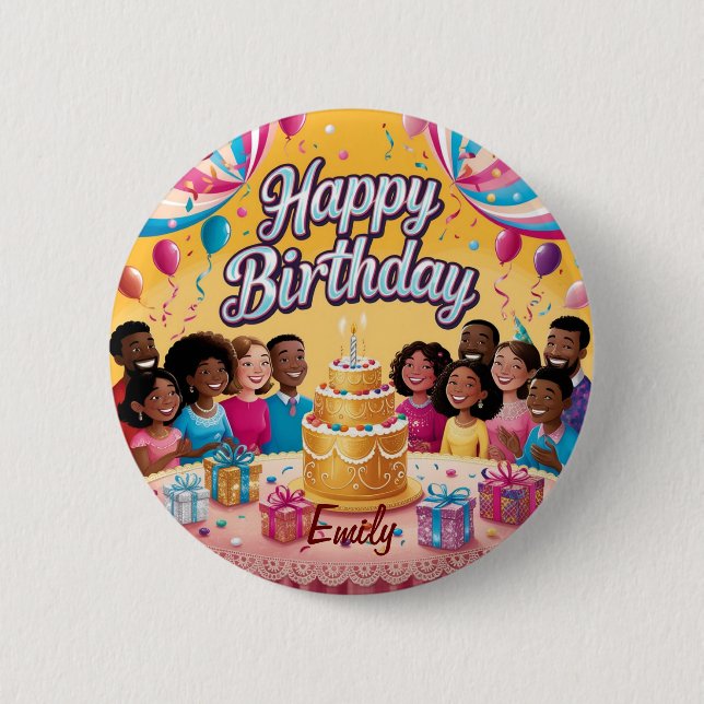 Modern Personalised Happy Birthday Celebration  6 Cm Round Badge (Front)