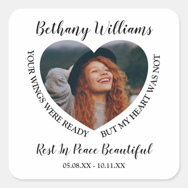 Modern Personalised Heart Photo Memoria Square Sticker (Front)