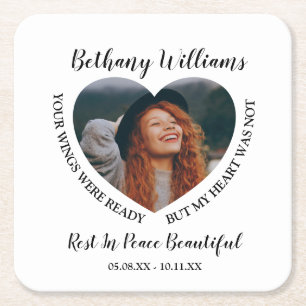 Modern Personalised Heart Photo Memorial Square Paper Coaster
