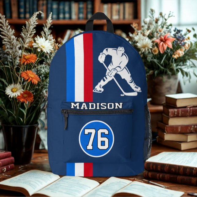 Modern Personalised Ice Hockey Player Name Number  Printed Backpack (Modern custom Hockey player name backpack)