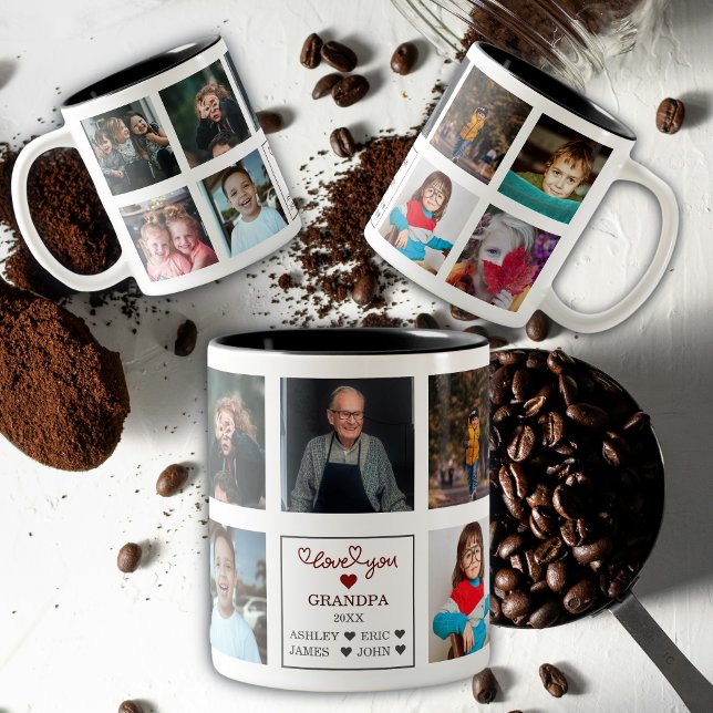 Modern Personalised  Love You Grandpa Gift 9 Photo Two-Tone Coffee Mug (Creator Uploaded)