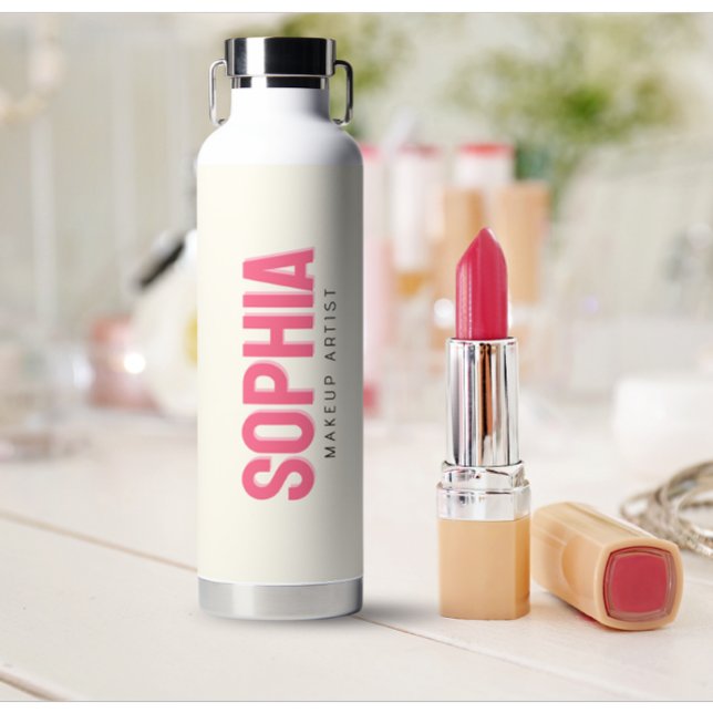 Modern Personalised Makeup Artist Name Pink Text Water Bottle (modern personalized makeup artist name water bottle)