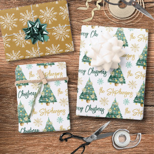 Modern Personalised Merry Christmas Tree Script Wrapping Paper Sheet
