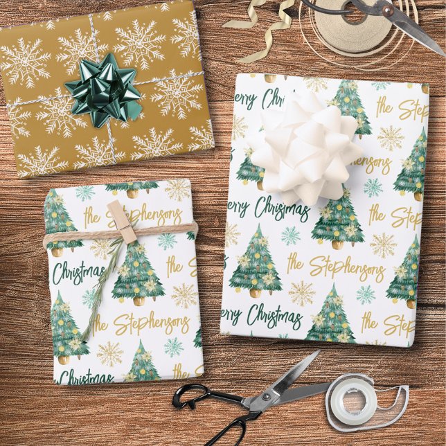 Modern Personalised Merry Christmas Tree Script Wrapping Paper Sheet (Creator Uploaded)