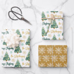 Modern Personalised Merry Christmas Tree Script Wrapping Paper Sheet<br><div class="desc">Create your own personalised coordinated set of novelty Christmas giftwrap with your choice of greeting (the sample shows MERRY CHRISTMAS) and your name or other custom text in a modern, trendy handwritten script font, a watercolor Christmas tree and snowflakes pattern in a green, gold and white colour scheme. ASSISTANCE: For...</div>
