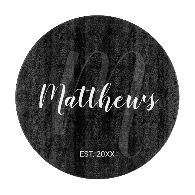 Modern Personalised Monogram and Family Name Black Cutting Board (Front)