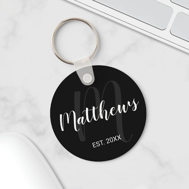 Modern Personalised Monogram and Family Name Black Key Ring (Creator Uploaded)