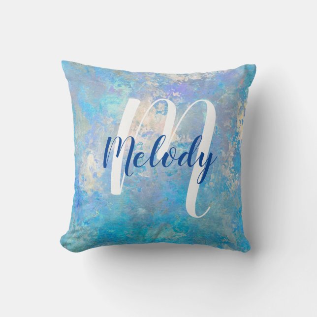 Modern Personalised Monogram and Name Blue Shades Cushion (Front)