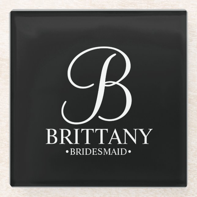 Modern Personalised Monogram and Name Bridesmaid Glass Coaster (Front)